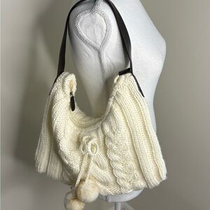 Cozy Knit Shoulder Bag in Cream With Pom Poms